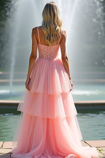 Pink Spaghetti Strap A Line Lang Applikeret Ruffled Gallakjole